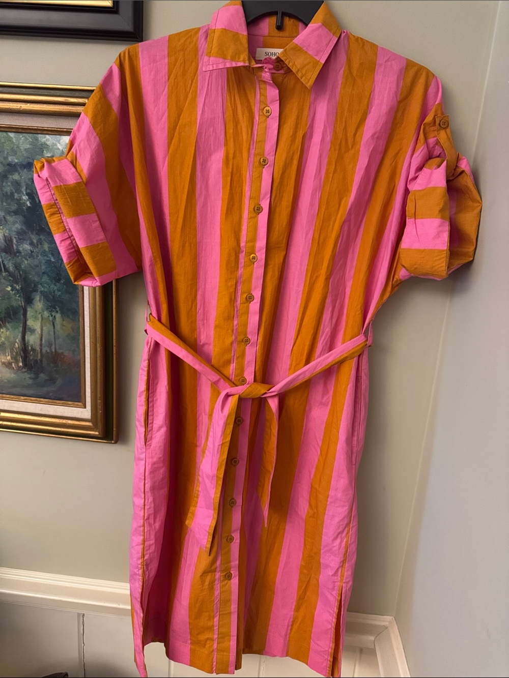 Resort Striped Button-Up Shirt Dress in Pink & Orange Size Medium Large M/L